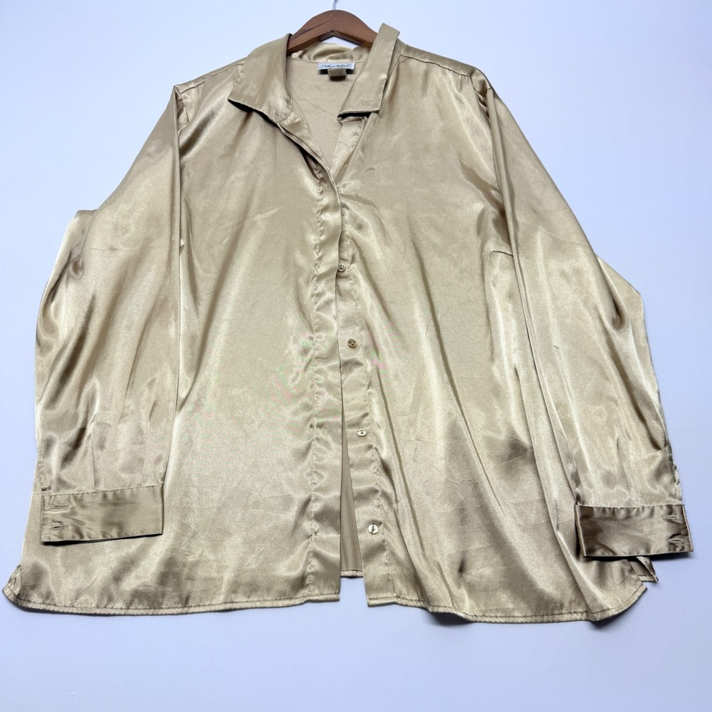 Anthony Richards Champagne Gold Satin Button Down Blouse Plus Size 20W Long